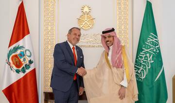 Saudi Foreign Minister Prince Faisal bin Farhan receives his Peruvian counterpart Elmer Schialer Salcedo in Riyadh on Thursday. 